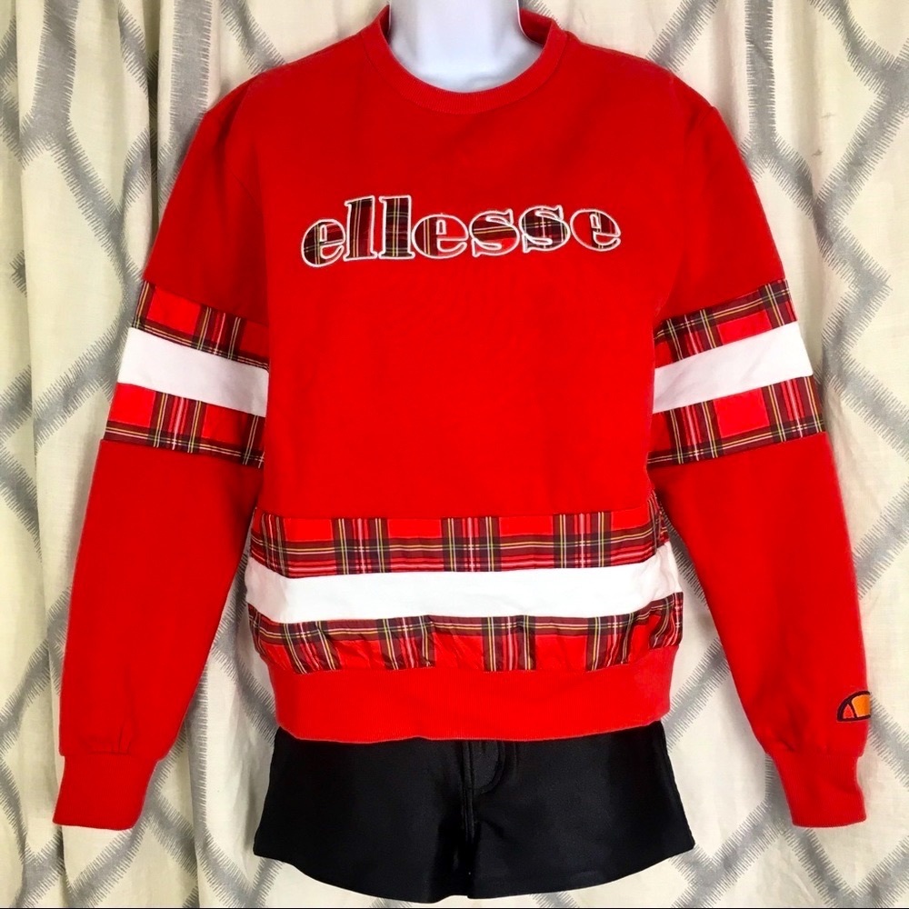 ELLESSE HERITAGE Golf Tartan Plaid Stripe Varsity Crewneck Sweatshirt Red Black